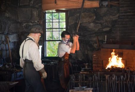 Blacksmithing - a couple of men working in a brick room with a fire
